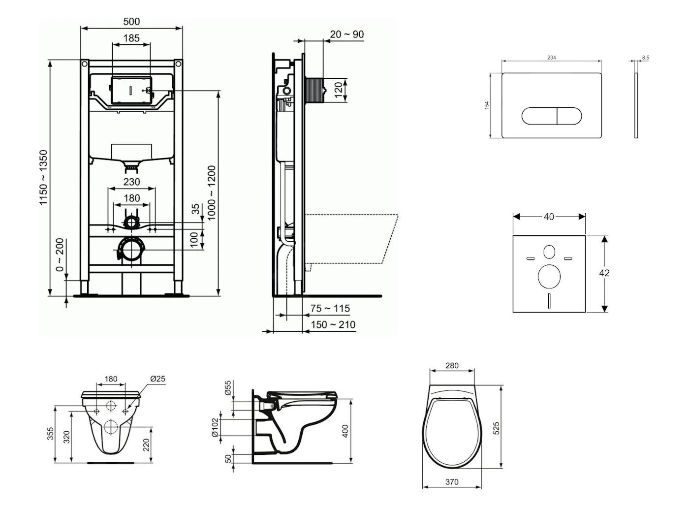 Ideal Standard ProSys - Toiletset- Inbouwreservoir, Closet, WC-zitting Eurovit, Oleas M1 Bedieningsplaat, Rimless, SoftClose, Wit ProSys120M SP52 - Afbeelding 2
