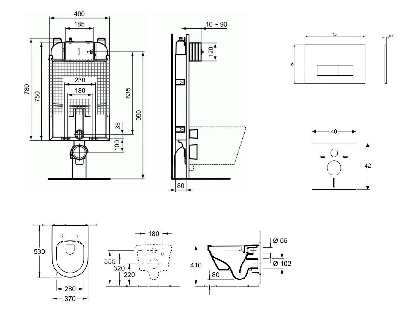 Ideal Standard ProSys - Toiletset- Inbouwreservoir, Closet, WC-zitting Architectura, Oleas M2 Bedieningsplaat, DirectFlush, SoftClose, CeramicPlus, Chroom ProSys80M SP117 - Afbeelding 2
