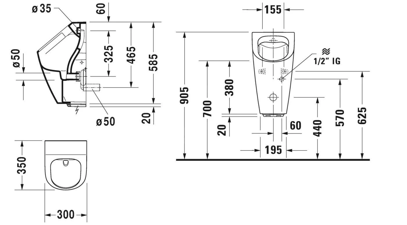 Duravit ME By Starck - Electronische Urinoir, Afvoer Horizontaal, Rimless, Met HygieneGlaze, Wit 2809312000 - Afbeelding 2