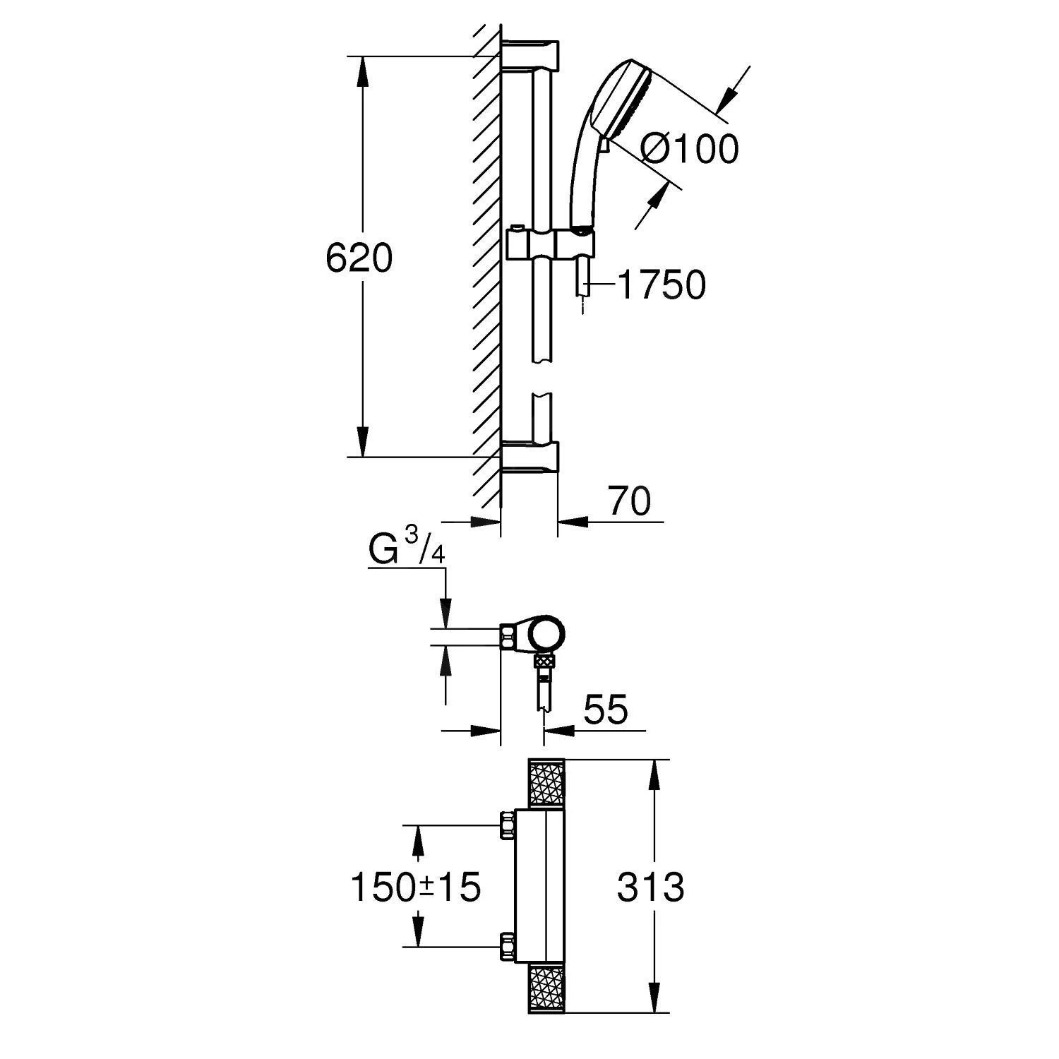 Grohe Grohtherm 1000 Performance - Douchekraan Met Thermostaat Opbouw, 2 Jets, Chroom 34785000 - Afbeelding 2
