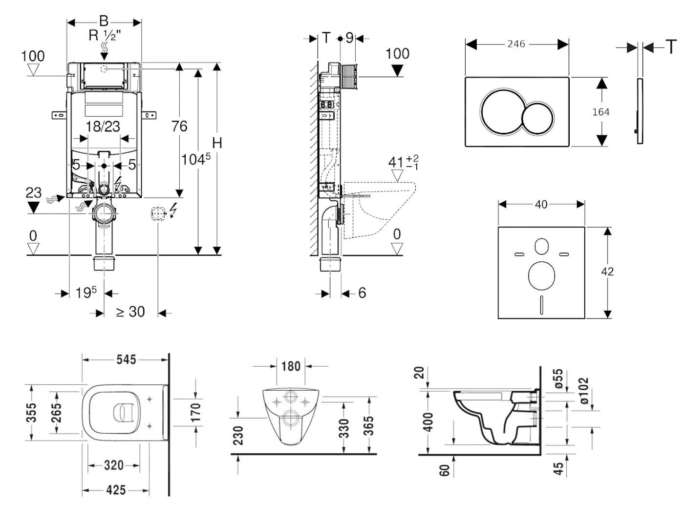 Geberit Kombifix - Toiletset Met Sigma01 Bedieningsplaat, Alpine Wit + Duravit D-Code Hangend Toilet En Wc Bril, Rimless, SoftClose 110.302.00.5 NH1 - Afbeelding 2
